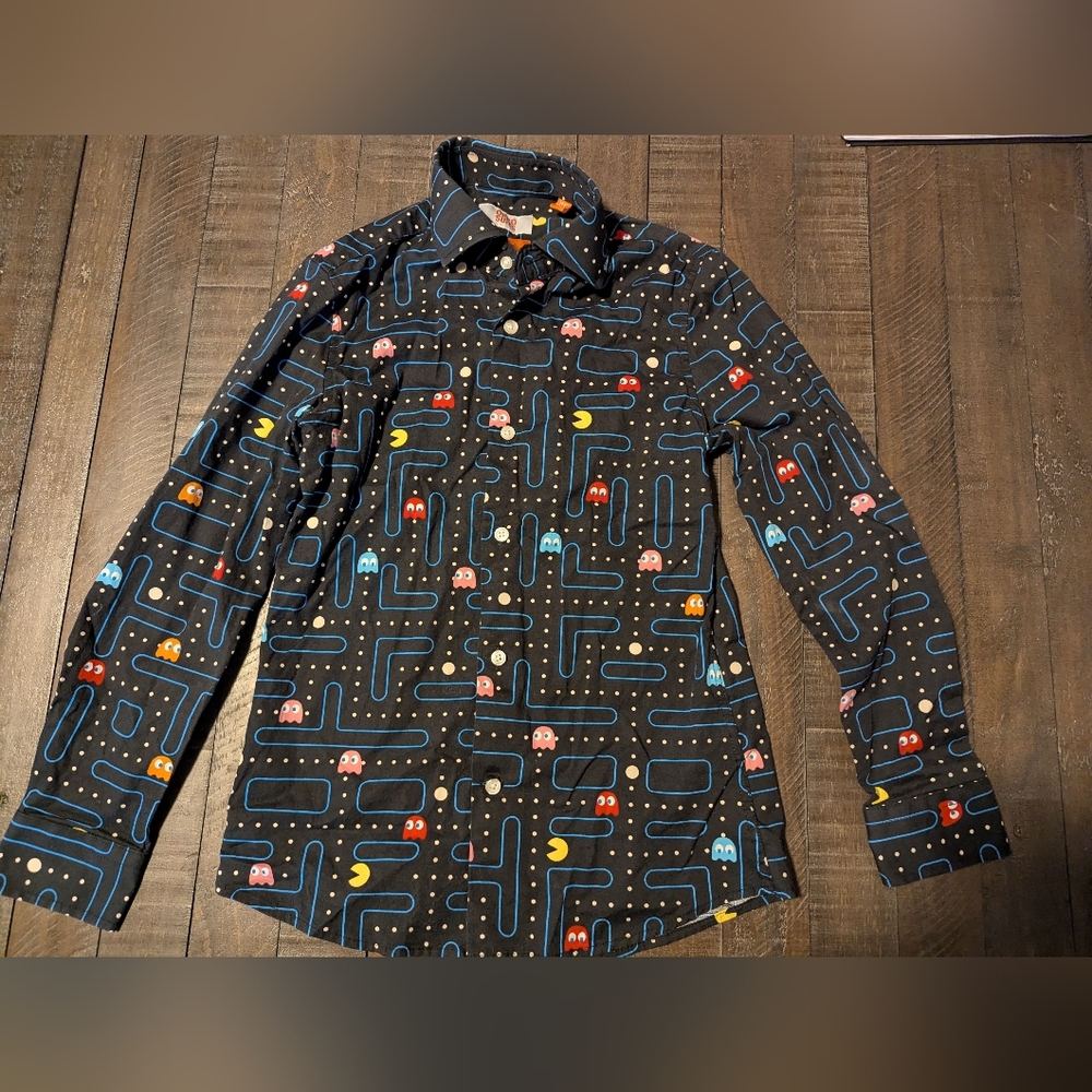 Opposuits Boys Black Retro Arcade Pacman Pattern Spread Collar Dress Shirt